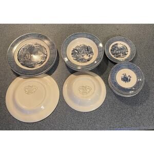 Currier and Ives Vtg Dinnerware Collectible 15 pc Set Blue & White USA